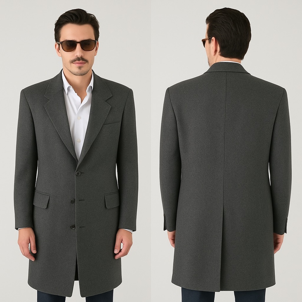 Herringbone Tweed Virgin Wool Trench Coat Black and Gray 44R
